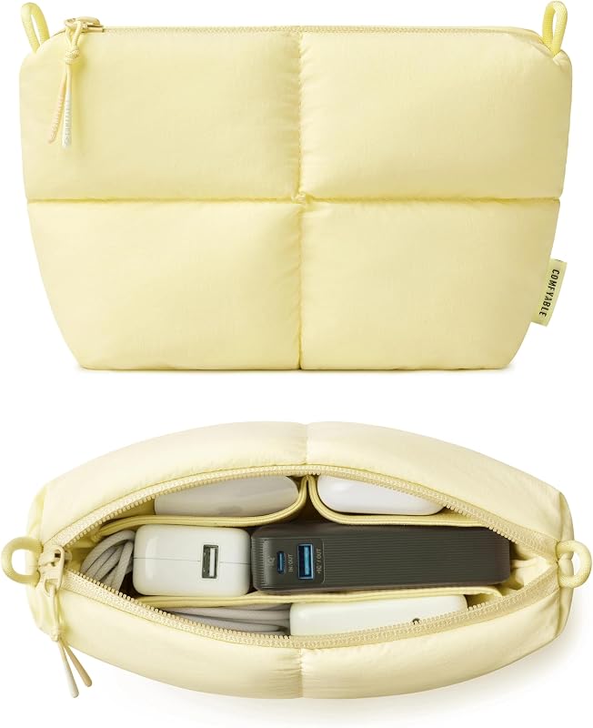 Puffy Electronics Organizer Travel Case, Cute Tech Pouch for Women Men, Cable Storage Bag for Charger, Phone, Power Bank, Cord, Compact Tech Accessories Pouch, Butter Yellow