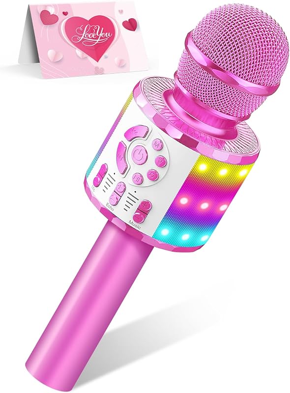 Kids Karaoke Bluetooth Microphone Toys for Girls Microphone Karaoke Machine with LED Light, Birthday Gift for Girls Boys 3 4 5 6 7 8 9 10 11 12 Year Old Kids Toys