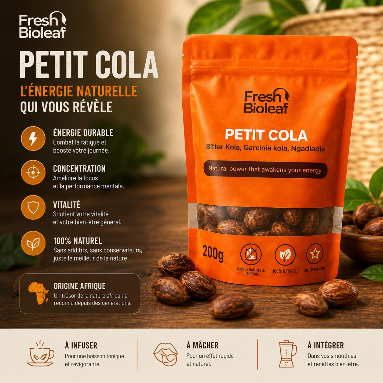 Kleine Cola frisch unter Vakuum – Bitter Kola pur – Garcinia Kola – 100% natürlich – Energie, Vitalität, Verdauung – Herkunft Kongo – Ngadiadia – rein – Premium Qualität (200g)