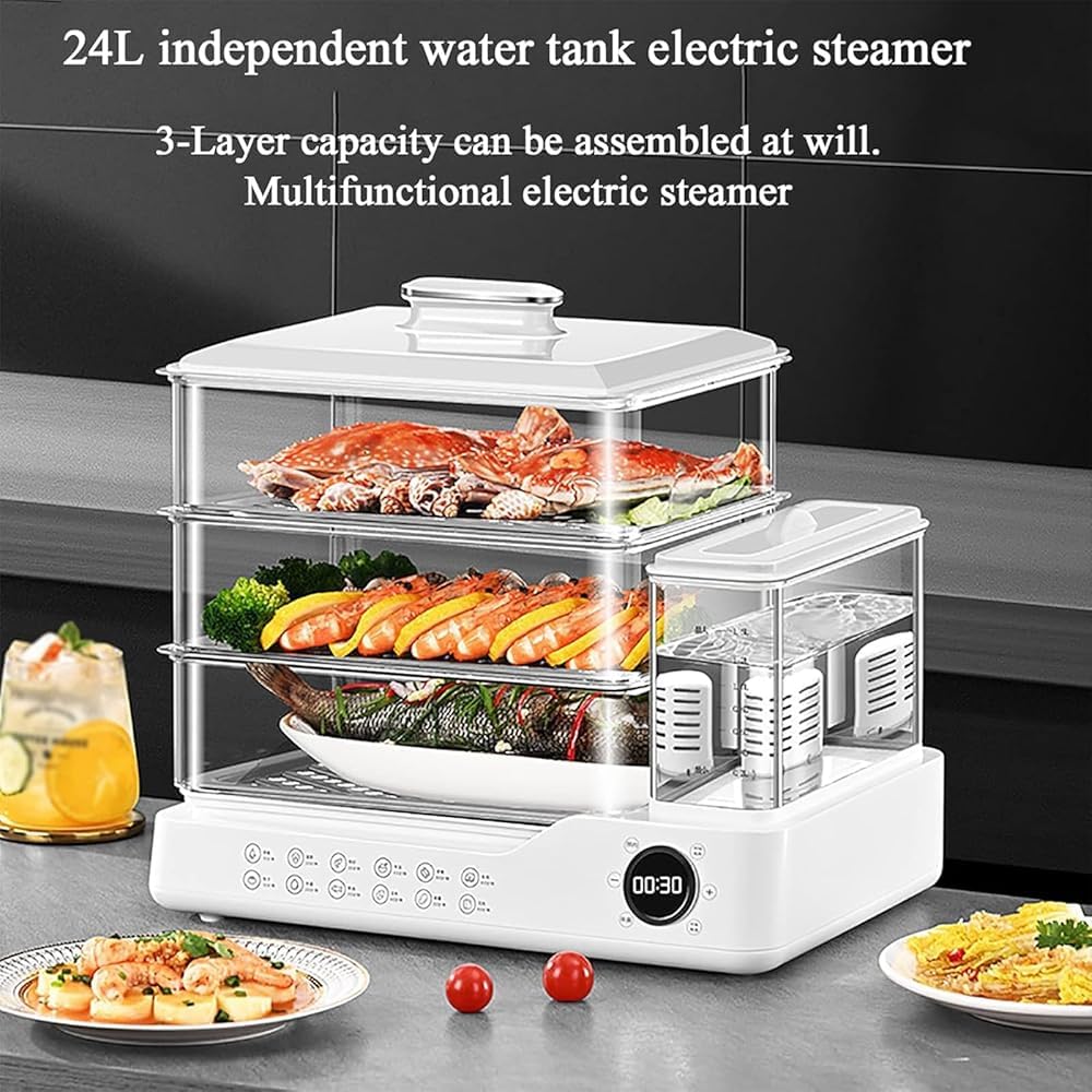 800W Three-Tier Electric Food Steamer with 24L Capacity, Touch Screen Display, 12H Appointment, and Independent Water Tank for All Homes 3