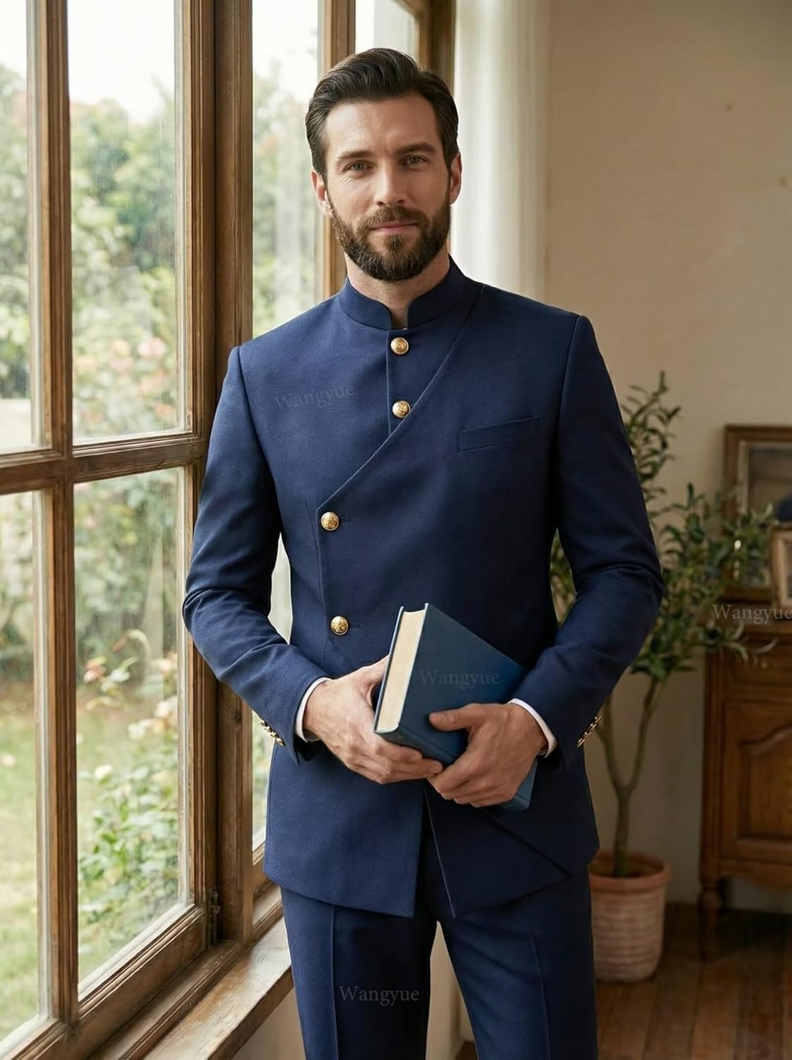 Wangyue Chinese Suit Men 2 Piece Slim Fit Safari Suits for Men Mandarin Collar Suit Chinese Tunic Suits Blazer Pants Set - Image 6