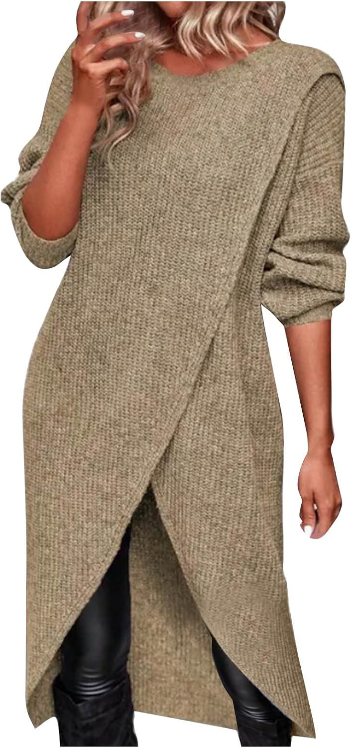 Womens Long Sweater Dress Trendy Casual Criss Cross Asymmetric Hem Front Slit Long Sleeve Crewneck Pullover Sweater