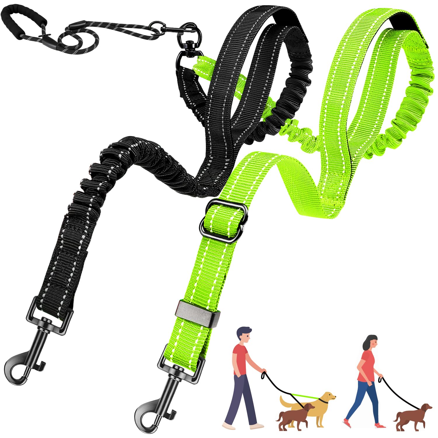 AUTOWT Double Leash for Two Dogs, No Tangle 360° Swivel Dual Dog Leashes with 4 Handles, Super Lightweight for Puppy, Reflective Adjustable Strap and