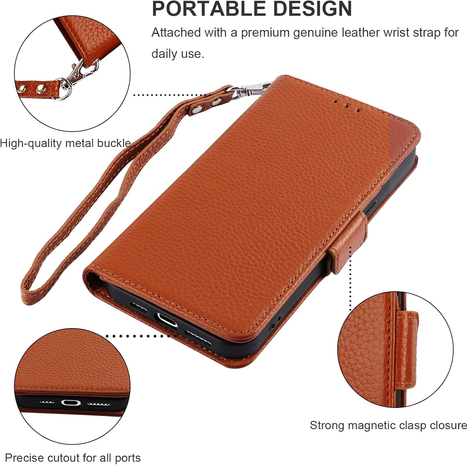 Bocasal Wallet Case for iPhone 15 Pro Max 5G, Genuine Leather Support Wireless Charging RFID Blocking Flip Case Card Slots Holder, Kickstand Book Folding Folio Cover with Wrist Strap 6.7 Inch (Brown)