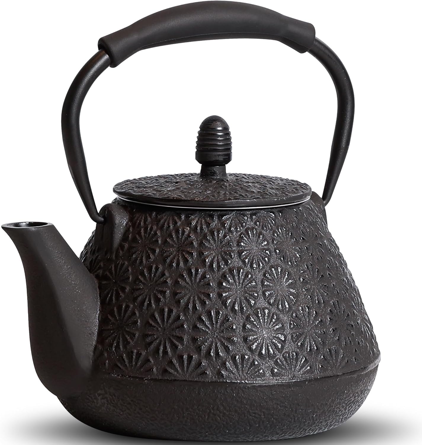 Tetera de hierro fundido, 32 onzas, con patrón de flor de Sakura japonesa, apta para estufa, infusor para hojas sueltas y café, mango de silicona, interior esmaltado, 950 ml, azul