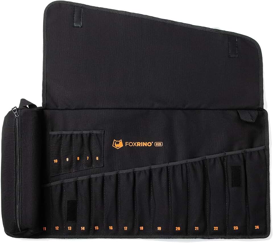 Foxrino Rolo de chave inglesa, bolsa organizadora de lona resistente com 19 bolsos para chaves combinadas métricas, bolsa de rolo de ferramentas portátil, presentes para homens para o Natal (preto