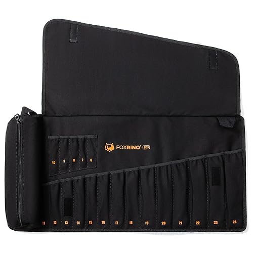 Foxrino Wrench Roll, Wrench Roll Up Pouch, 19-Pocket Heavy Duty Canvas Wrench Organizer Bag for Metric Combination Wrenches, Portable Tool Roll Bag, Gifts for Men for Christmas(Black, 19+1 Metric)