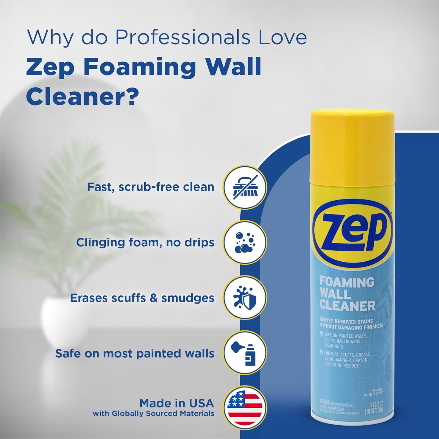 Zep Foaming Wall Cleaner - 18 oz (Case of 12) - ZUFWC18 - Removes Stains Without Damaging Finishes, Scrub-Free Wall Cleaner Spray, For Ceilings, Walls, Baseboards And More