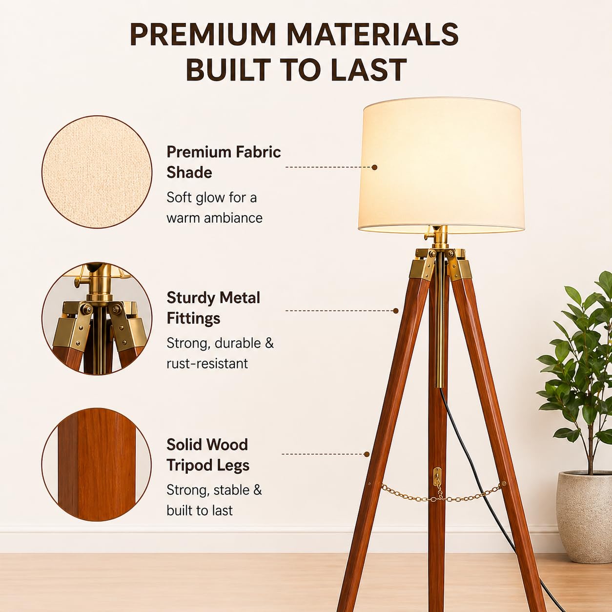 Greater Italian Wooden Tripod LED Floor Lamp with Jute Drum Shade