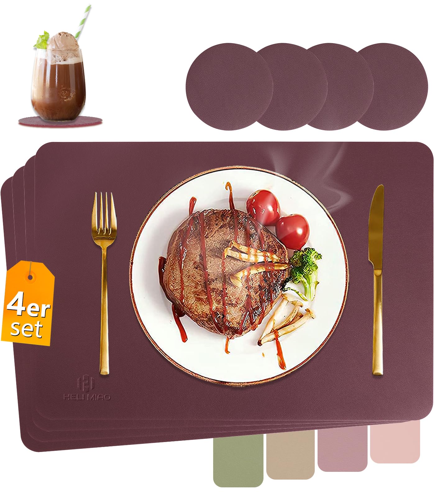 HELI MIAO Tischsets Abwaschbar,Platzsets Abwischbar, Leder,Hitzebeständig Doppelseitigen I 6er Set Platzdeckchen Lederoptik mit Untersetzer,Tischuntersetzer rutschfest,Salbeigrün