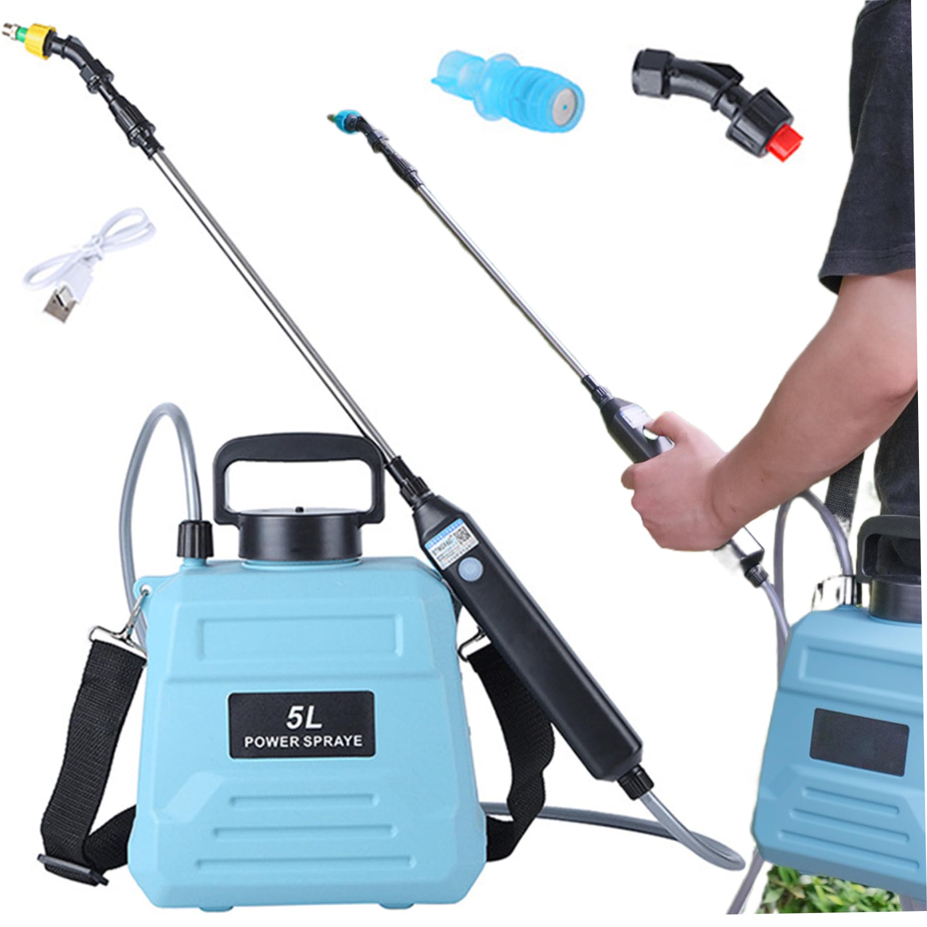 Spruzzatore elettrico, impianto di spruzzatore da giardino estendibile con 2 ugelli ＆ serbatoio dell'acqua da 5 litri, bacchetta di annaffiatoio sparayer a batteria per erbacce da giardino piante, po