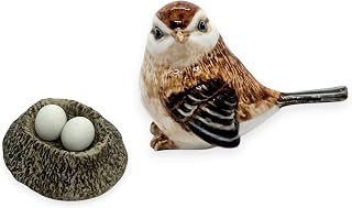 WitnyStore Bundle Tiny 2¾" Brown Look Left Eurasian Sparrow Bird and Egg Figurine - Miniature Hand Made Ceramic Birds Aves Colorful Porcelain Feathered Animals Cute Decorative Collectible Décor Gifts
