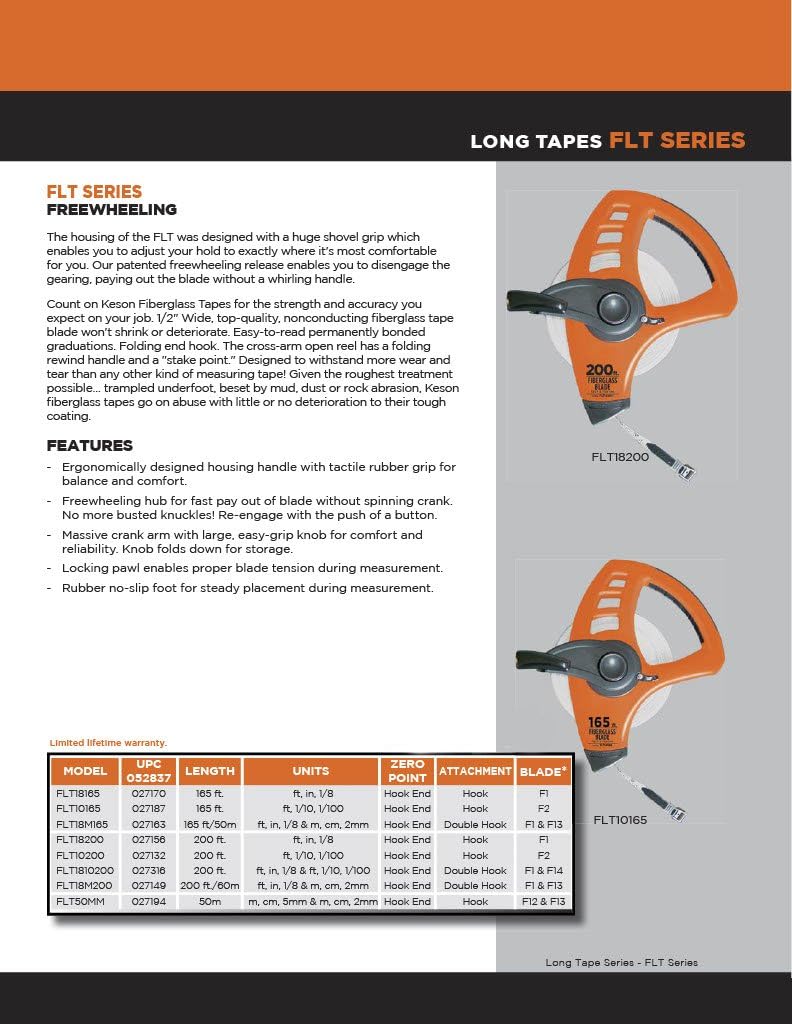 Keson FLT18M165 Freewheeling Fiberglass Tape Measure with Double Hook (Graduations: ft., in., 1/8 & m, cm, 2mm), 50-Meter/165-Foot