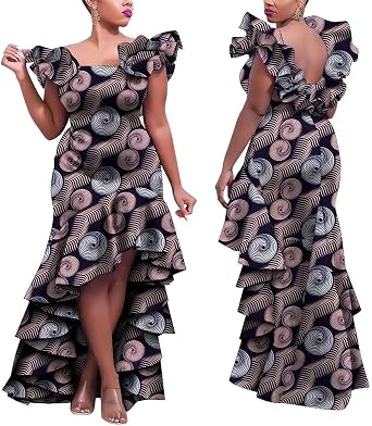 African Ankara Print Mermaid Dress for Women Ruffle Off-Shoulder Formal Gown Wedding Guest Dress