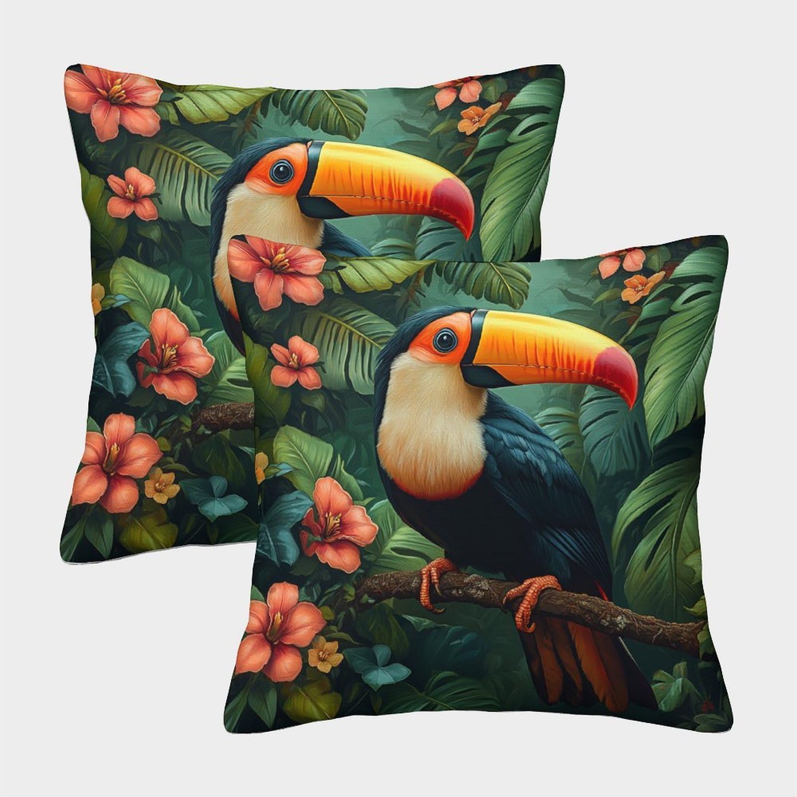 kaiyun 2 Pack Toucan 3D Image Jungle of Exotic Flowers And Plants Printed Single-sided Cushion Cover 45x45cm