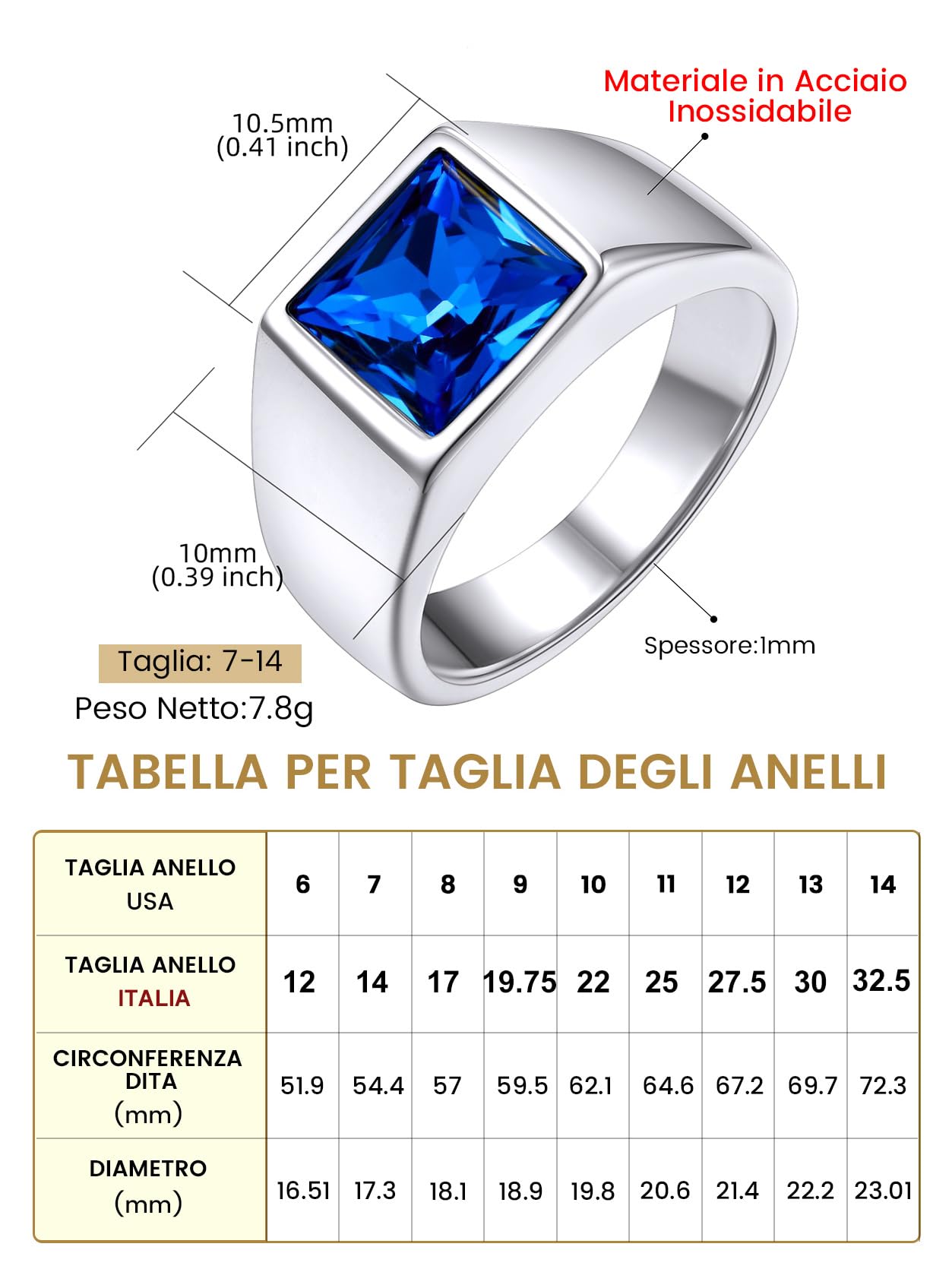 GoldChic JEWELRY Anello Pietra Zaffiro Ossidiana Alta Trasparenza Intarsio 3D Tagliato a Diamante Anello Uomo Acciaio Misura IT 14-32