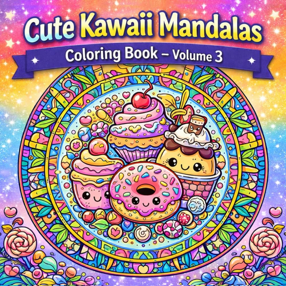 Cute Kawaii Mandalas Coloring Book – Volume 3: Adorable Kawaii Food & Dessert Mandala Designs | Cute Cupcakes, Donuts, Cakes & Sweet Treats | Relaxing Stress-Relief Coloring Book for Adults and Teens