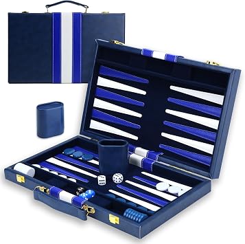 Large Backgammon Sets for Adults - Classic Board Games for 2 Players Adults and Kids - Premium Backgammon Set 15 inch Board and 30 Backgammon Pieces in Quality PU Leather Case - Gift for Man Blue
