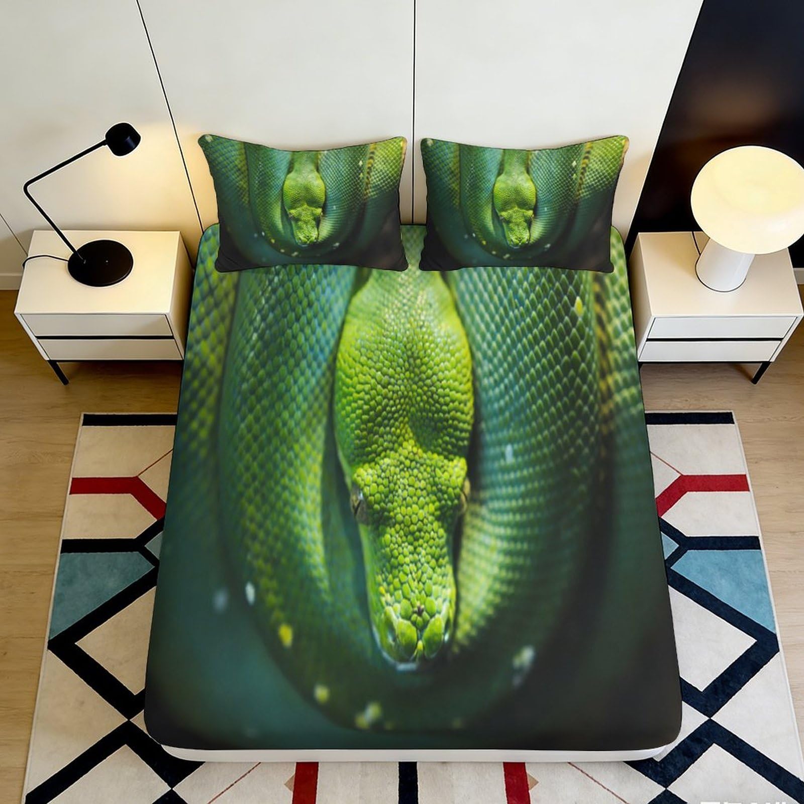 3D Printed Green Snake Fitted Sheet Microfiber Soft Non-slip Jungle Reptile Mattress Cover for Bedroom Dorm Home Decor 90x200x25cm