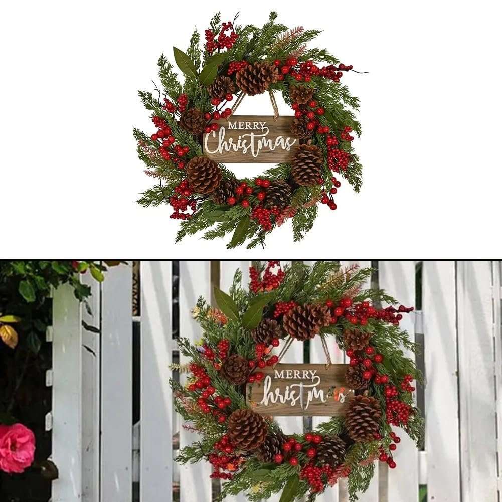 Corona de fiesta de Navidad frontal para puerta, pino artificial con bayas rojas y conos, resistente a la intemperie, decoración de pared para ventana del hogar