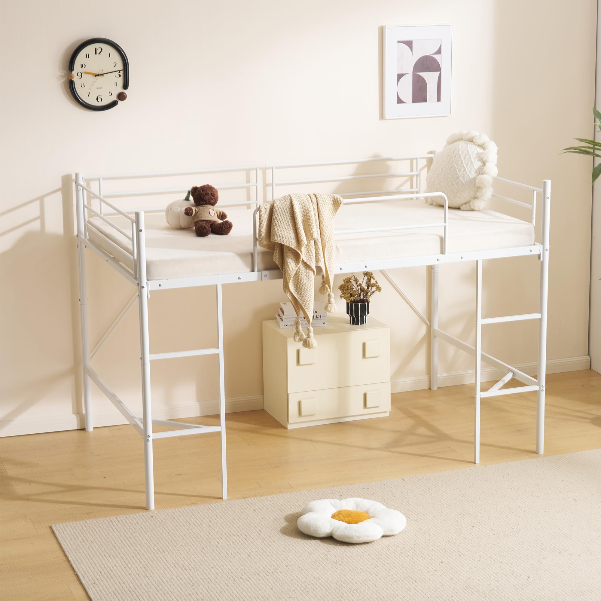 Loft Bed, Single Semi-Double Pipe Bed with Desk, Storage, Nordic Style, Children's Room, Steel, Shockproof, Bed, S/SD, High Type, With Hall, Space Saving, Bunk Bed (White, 78.7 x 50.5 x 53.3 inches