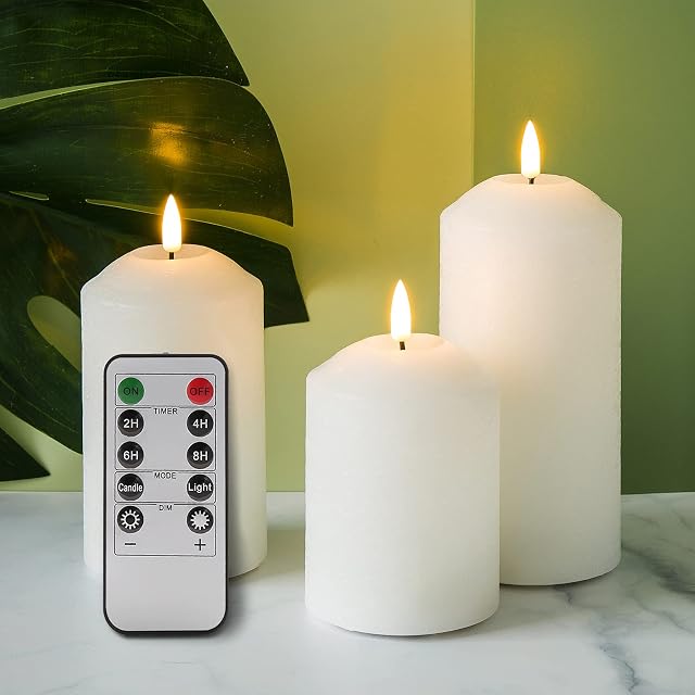 Eywamage White Flameless LED Candles with Remote, Flickering Real Wax Battery Pillar Candles Christmas Decor Gifts D 3" H 4" 5" 6"