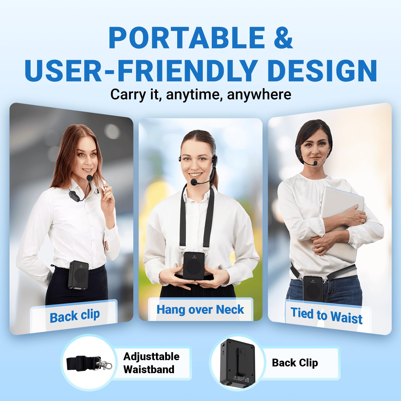 Amplificateur de voix sans fil, son original, microphone et haut-parleur ultra portable, haut-parleur mégaphone 15 W avec microphone Bluetooth, système de sonorisation personnel pour enseignants