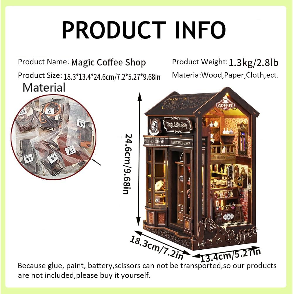 DIY Miniature Coffee Shop Book Nook Kit, LED Light, Dollhouse Model 3D Puzzle, Assembly Bookend for Adult