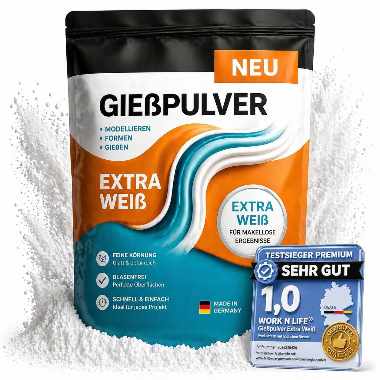 Gießpulver Extra weiß, Premium Alabastergips mit extra hohem Weißgrad – Feine Gießmasse zum gießen in Silikonformen für Kunsthandwerk, Basteln Reliefs Profi Qualität. (9000, Gramm)