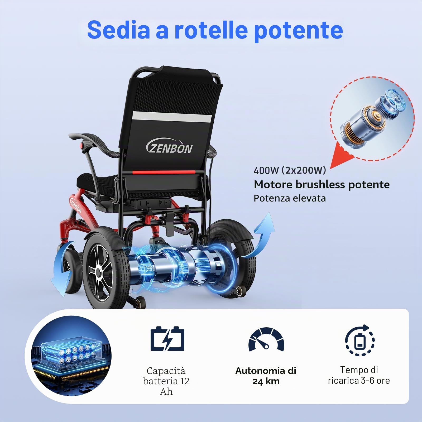 Sedia a rotelle elettrica in carbonio, pieghevole, 19,8 kg: Facile da ripiegare, con pneumatici grandi da 30 cm, per tutti i terreni, sedie a rotelle elettriche fino a 150 kg (rosso nero)