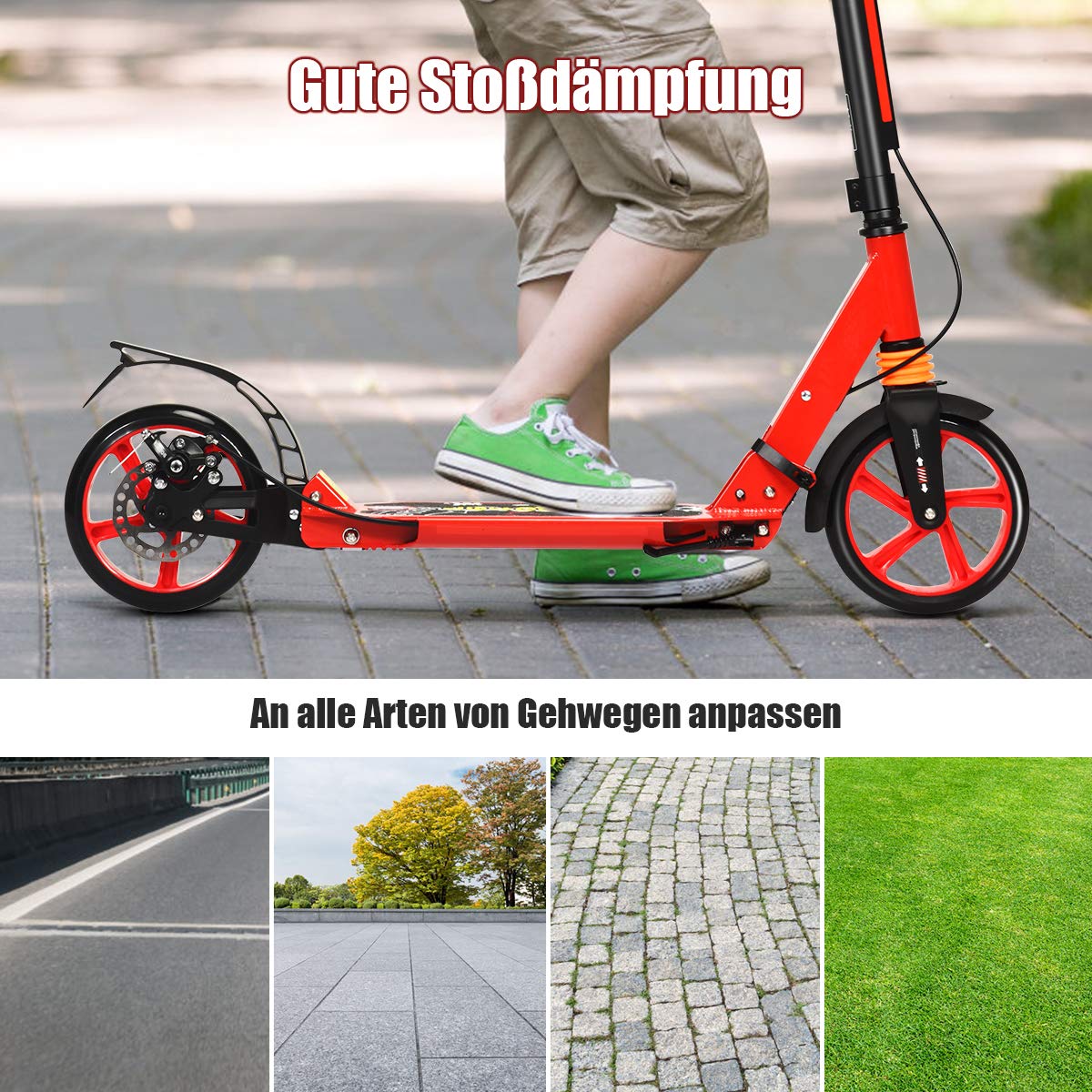 GYMAX Patinete de Acrobacias Regulable en Altura, Plegable, Ruedas de 200 mm, Patinete Deportivo con Doble Suspensión, Incluye Timbre y Correa, Soporta hasta 100 kg, para Niños y Adultos