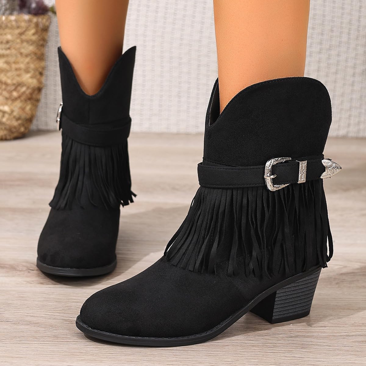 Botines de Tobillo de Ante para Mujer con Flecos Tacón Medio Ancho Fácil de Calzar Estilo Vaquero Calzado Boho para Conciertos Country Fiestas Temáticas Bodas y Baile