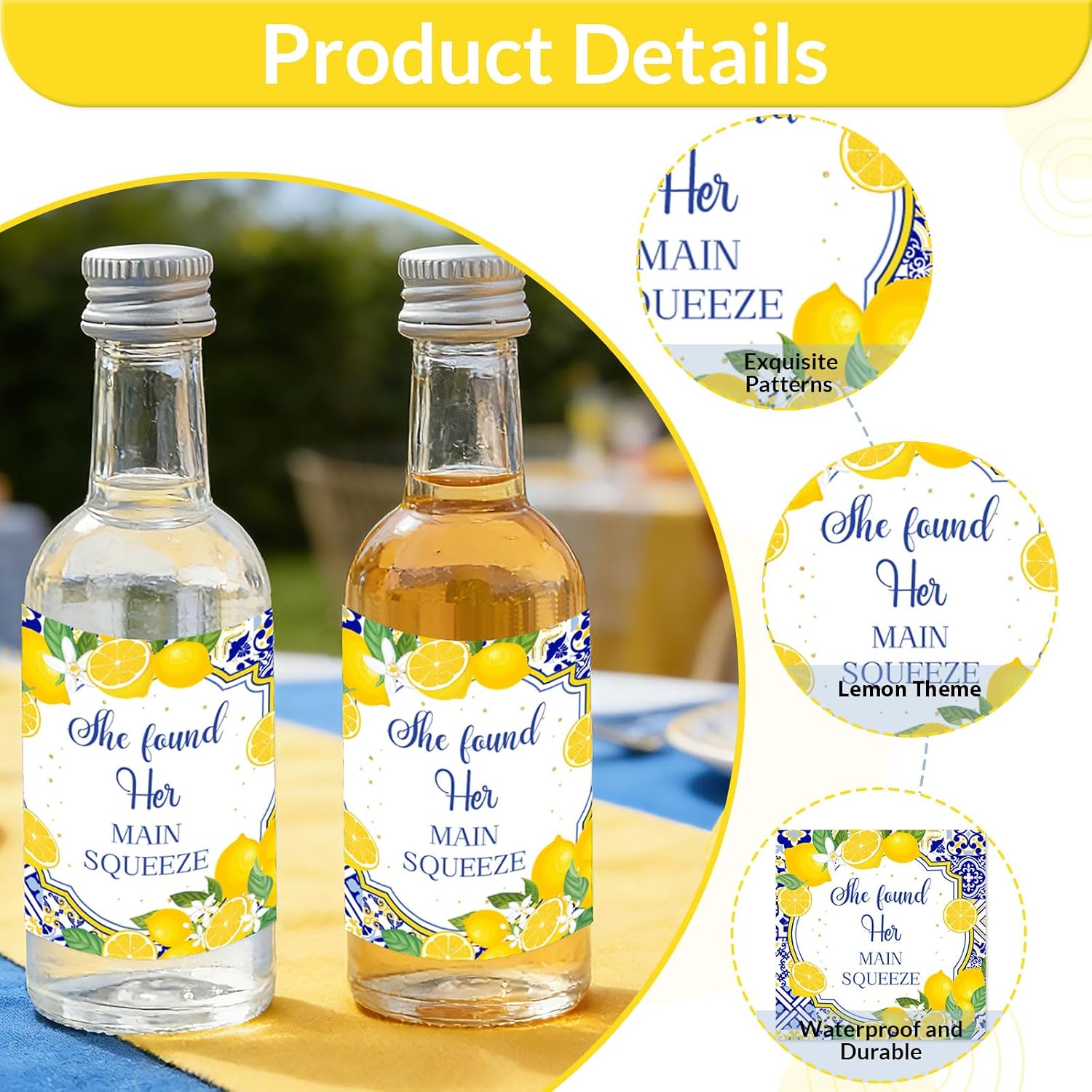 50Pcs She Found Her Main Squeeze Mini Bottle Stickers Citrus Lemon Bridal Shower Decorations Mini Wine Bottle Labels Yellow Blue for Women Bridal Shower Bachelorette Party Favors