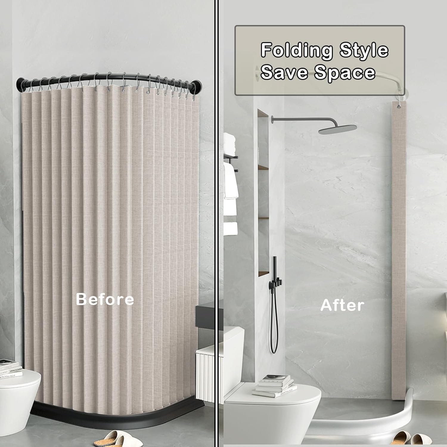 Folding Waterproof Shower Curtain with Hook, No Liner Needed, Washable Fabric Corner Shower Curtain, Magnetic Shower Curtains for Bathroom, 150gsm, Beige, 118"x79"