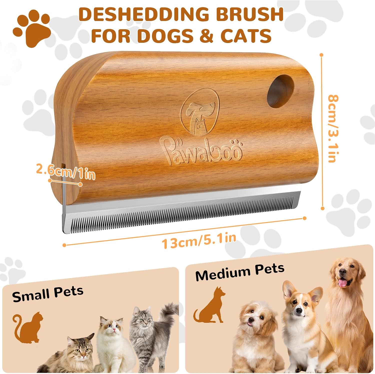 Pawaboo Deshedding Brush for Dogs & Cats, Hangable Wooden Grooming Shedding Brush for Long Hair Dogs and Cats, Dog Hair Removal Comb with Ergonomic Gripping, Walnut