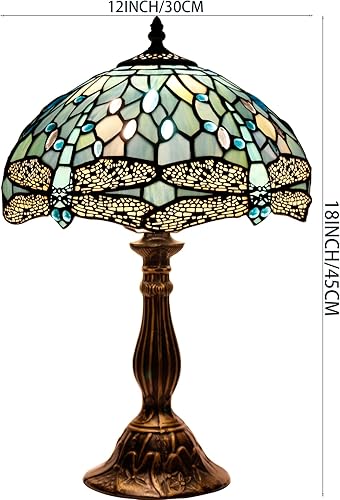 Miniatura 5 de WERFACTORY Tiffany Lámpara de mesa de cristal azul mar 12 x 12 x 18 pulgadas estilo libélula luz de lectura de escritorio serie S147