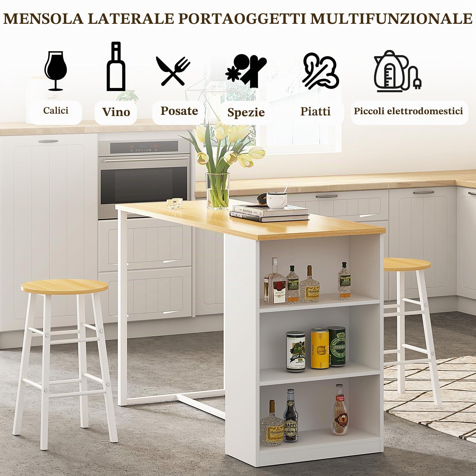 DlandHome Tavolo da bar con 3 armadietti di stoccaggio+ 2 sgabelli alti set per bar da 3 pezzi per 2 persone tavolo da pranzo per cucina/sala da pranzo/soggiorno in teak / bianco