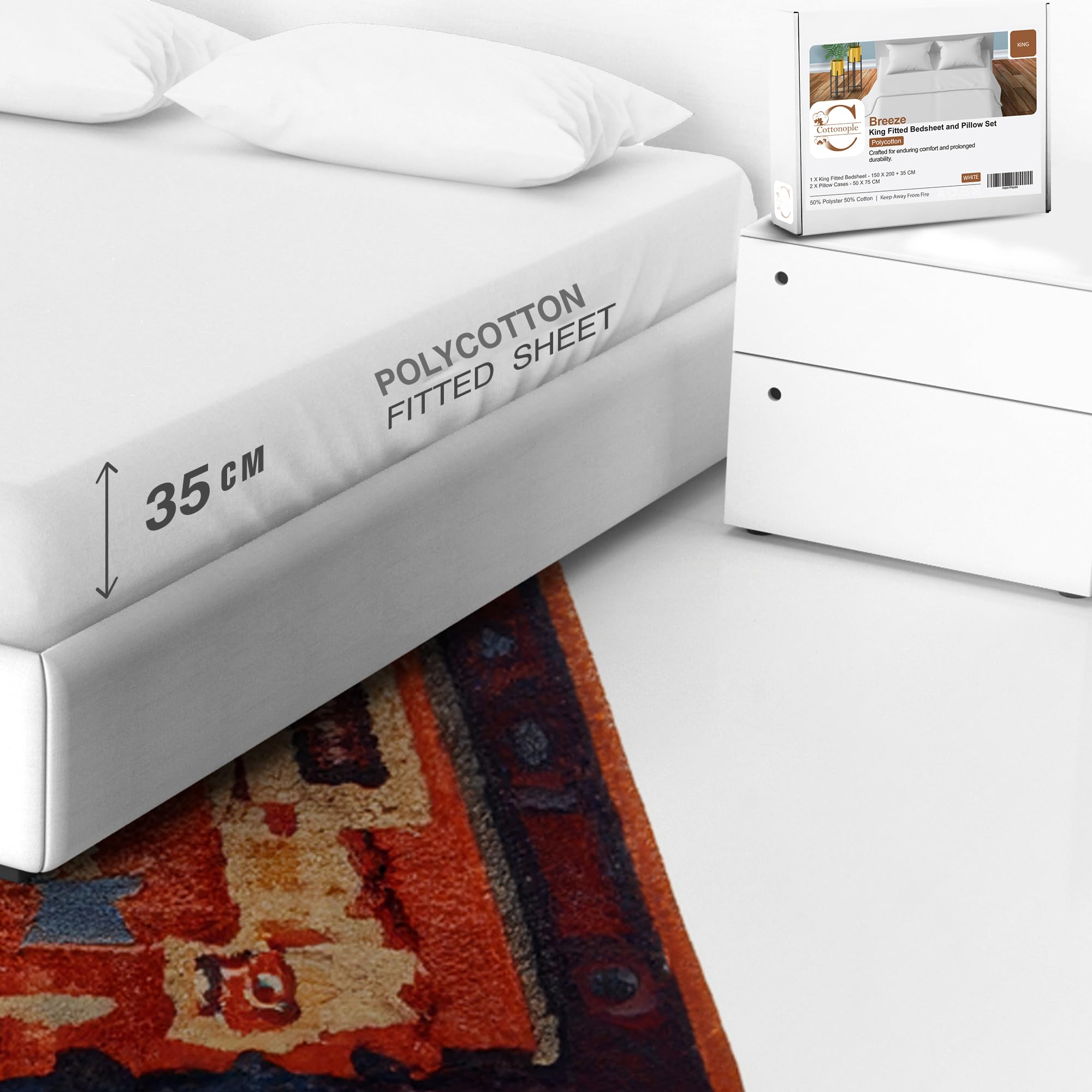 Cottonople 3 Piece King Size Fitted Sheets Set-Polycotton White Bottom Sheet (150x200+35Cm) with 2 Pillowcases- Easy to Iron, Breathable Bed Sheets - Hypoallergenic Fade Resistant Bedding