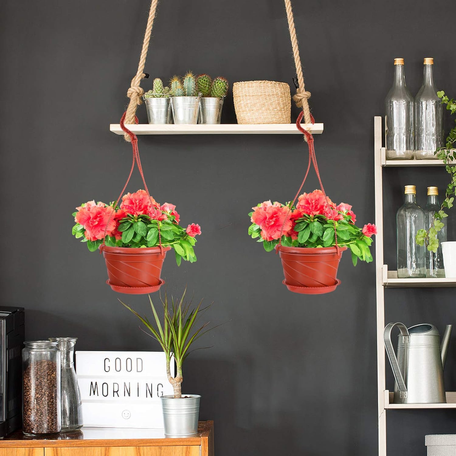 Toddmomy 10sets Hanging Garden Planter Plastic Flower Pots for Use Red Plant Holders Drainage for Home Decor