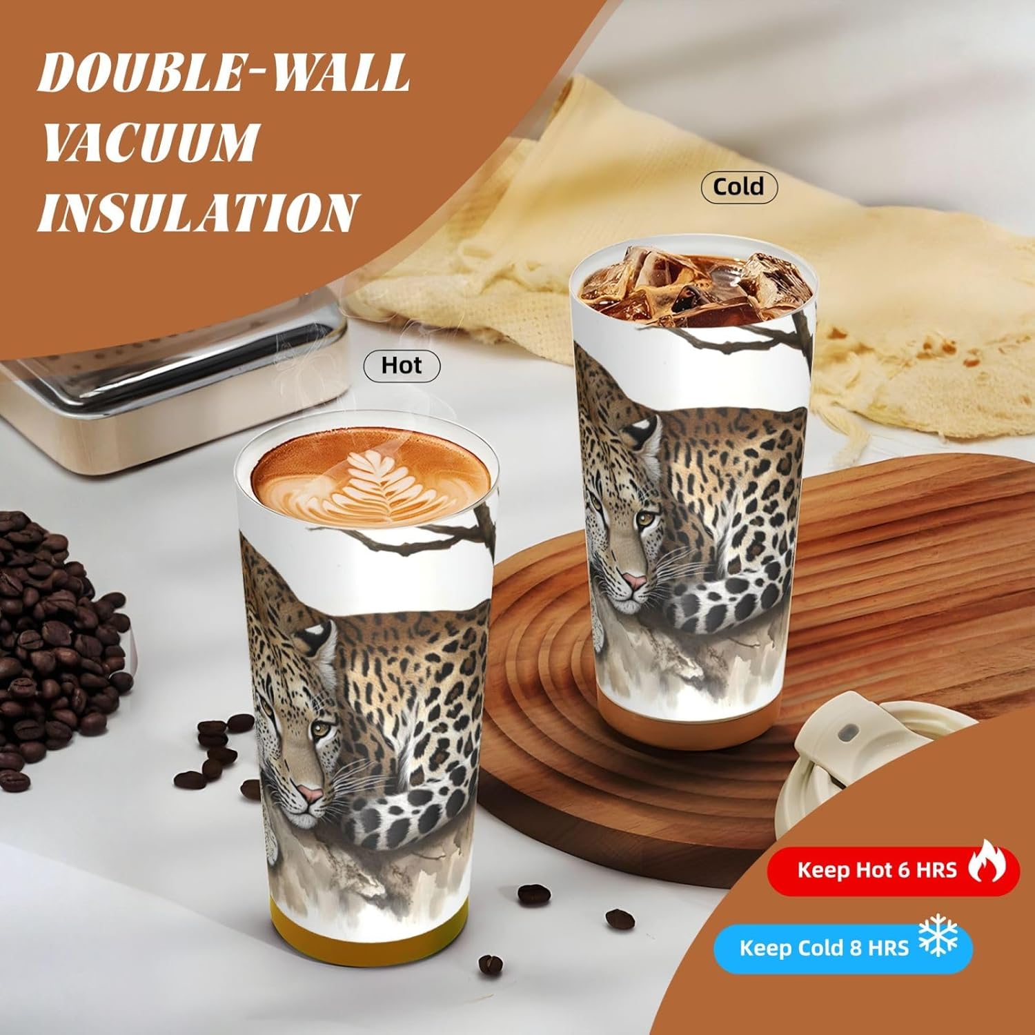 Unique Customized Coffee Mug - Insulated Stainless Steel Tumbler for Travel, Home & Office - 17 oz Illustration of wild animals Pink