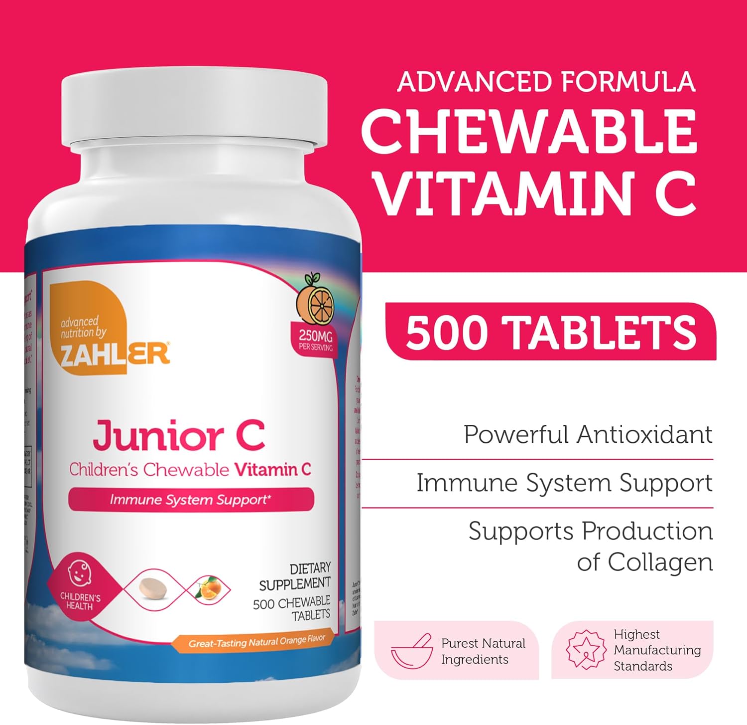 Zahler Junior C Advanced Chewable for Kids - Delicious Orange Flavor - Kosher Kids for Immunity - Vitamin C Chewable Antioxidant - (500 Count)