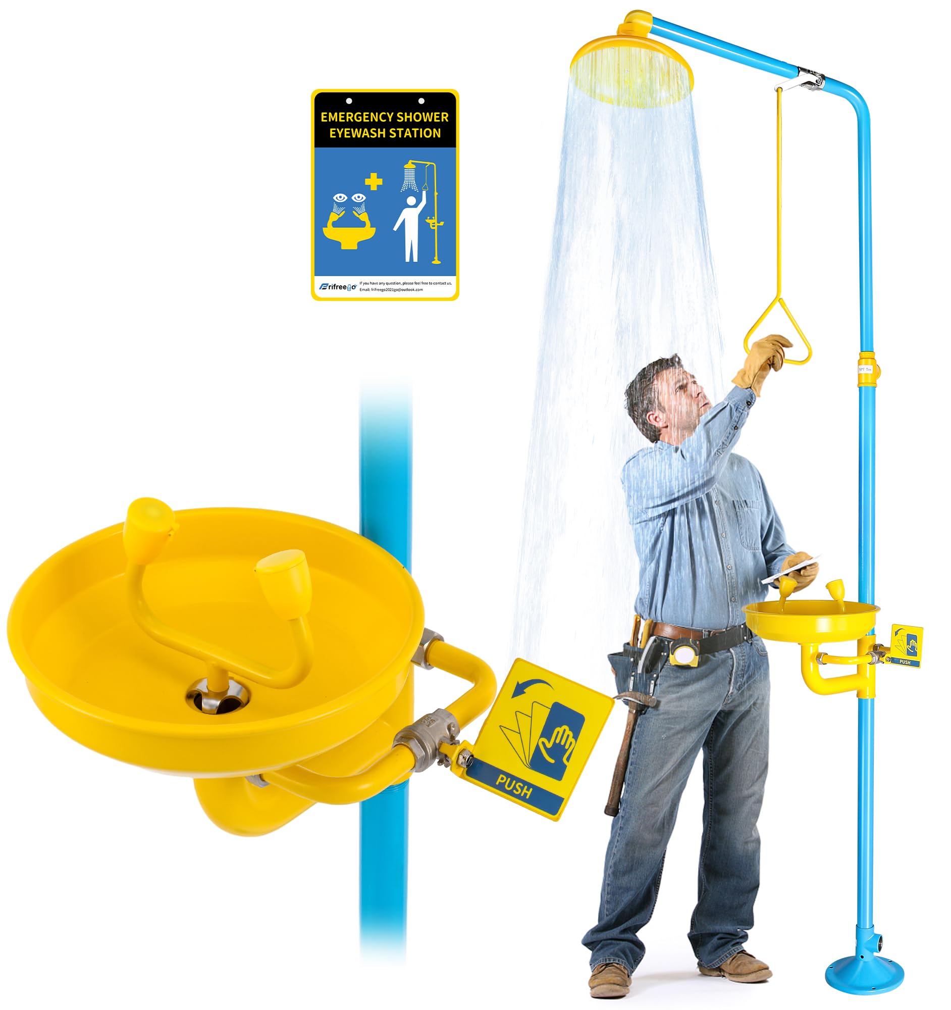 Eye Wash Station Emergency Shower Eyewash Shower Station, Eye Washing Station and Safety Shower OSHA Approved, NPT Plumbing Fittings, Stainless Steel Made, ANSI Standard for Industrial Use