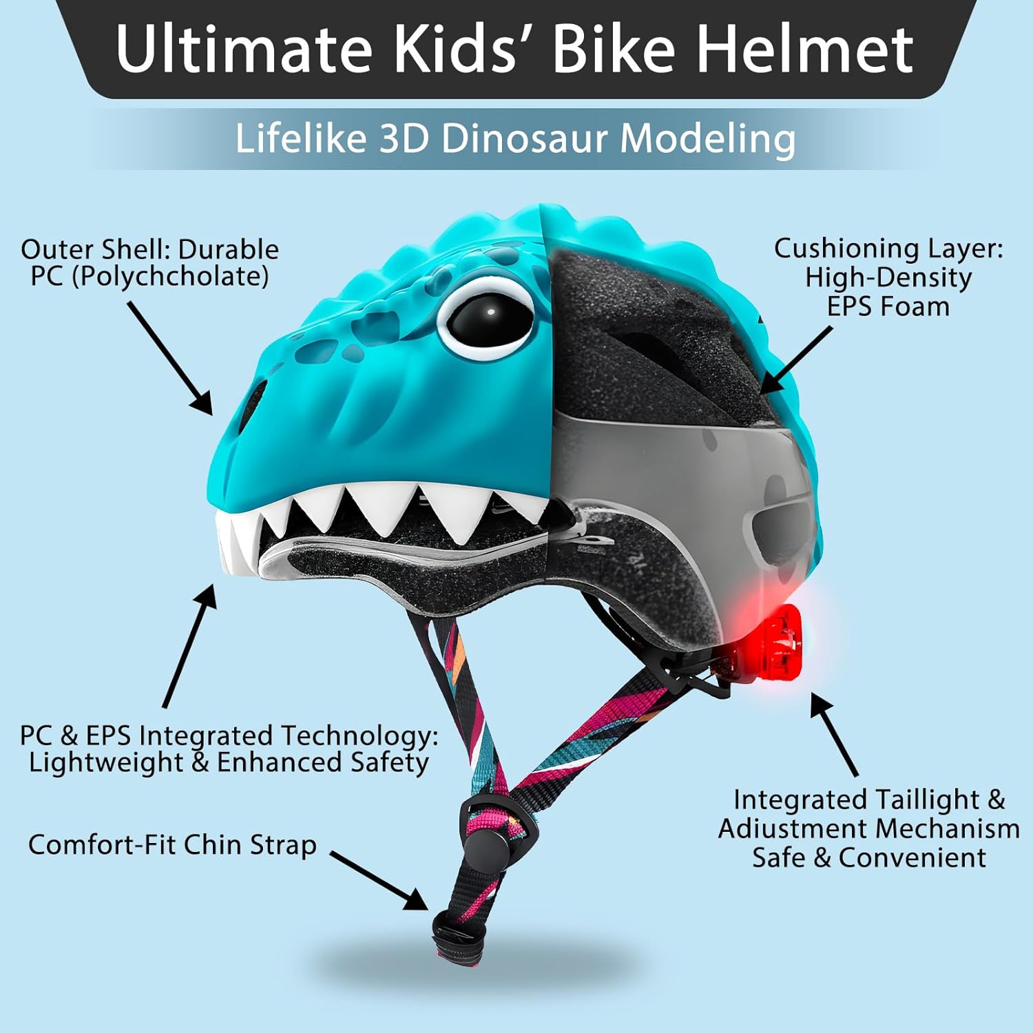 KINGBIKE Toddler Helmet for Boys Girls Ages 2-8 Kids Bike Helmet Lightweight Dinosaur Helmets with LED Light for Skateboard Scooter Cycling Roller Skating