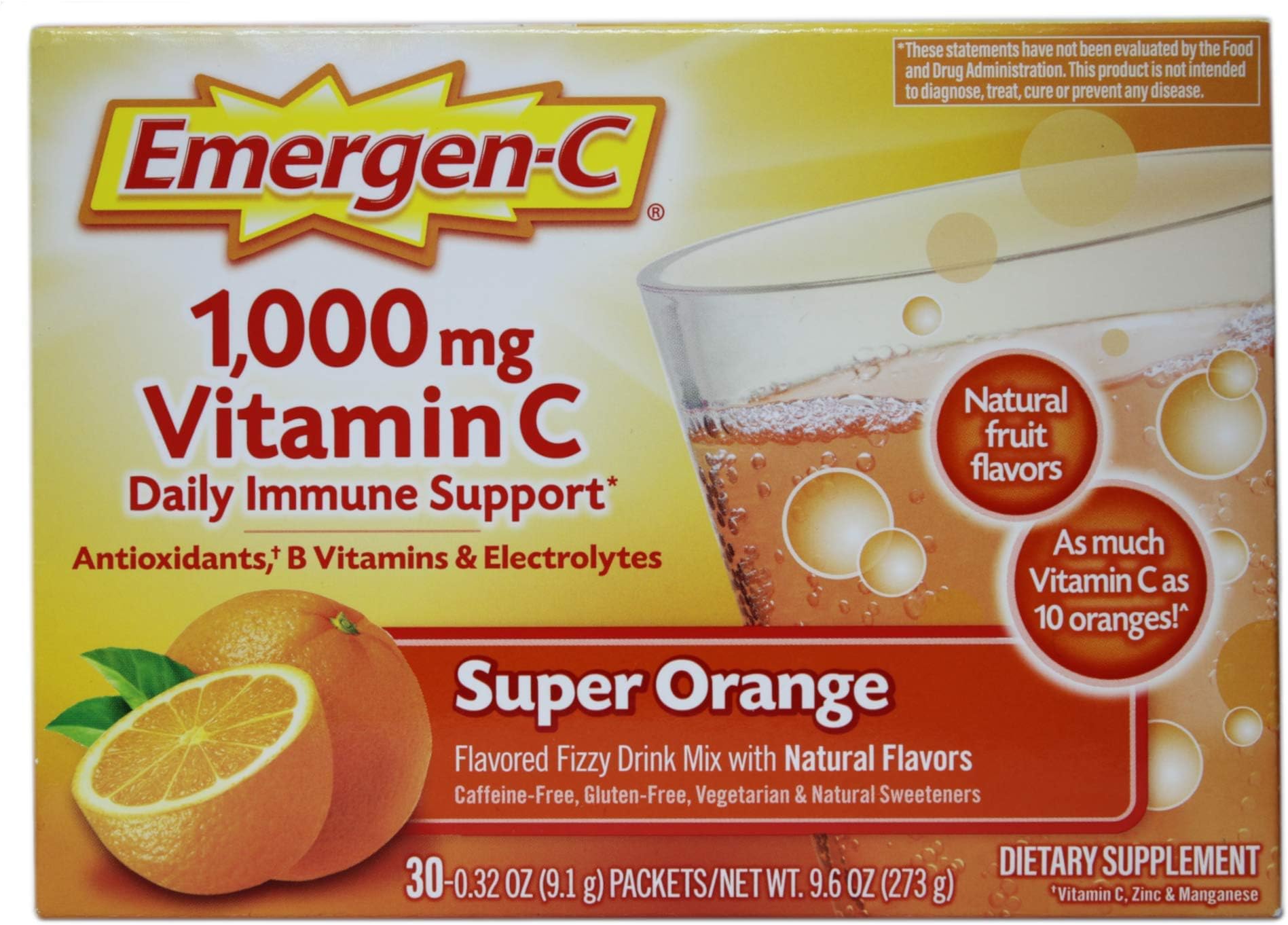 Emergen-C Vitamin C Flavored Fizzy Drink Mix Packets, Super Orange 30 ea