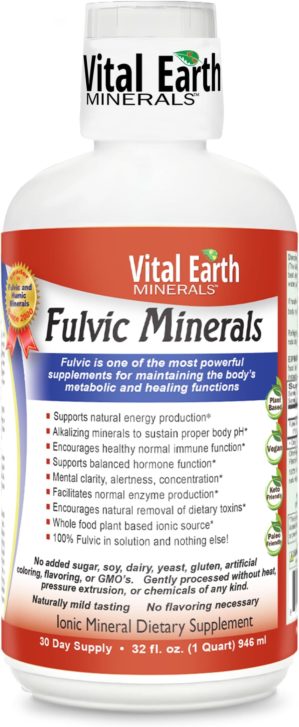 Vital Earth Minerals Fulvic Minerals Liquid โ Fulvic Acid Supplement with 70+ Trace Minerals, Electrolytes for Energy & Vitality, 32 Oz + 1 Oz Cup