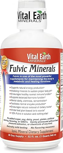 Vital Earth Minerals Fulvic Minerals Liquid – Fulvic Acid Supplement with 70+ Trace Minerals, Electrolytes for Energy & Vitality, 32 Oz + 1 Oz Cup