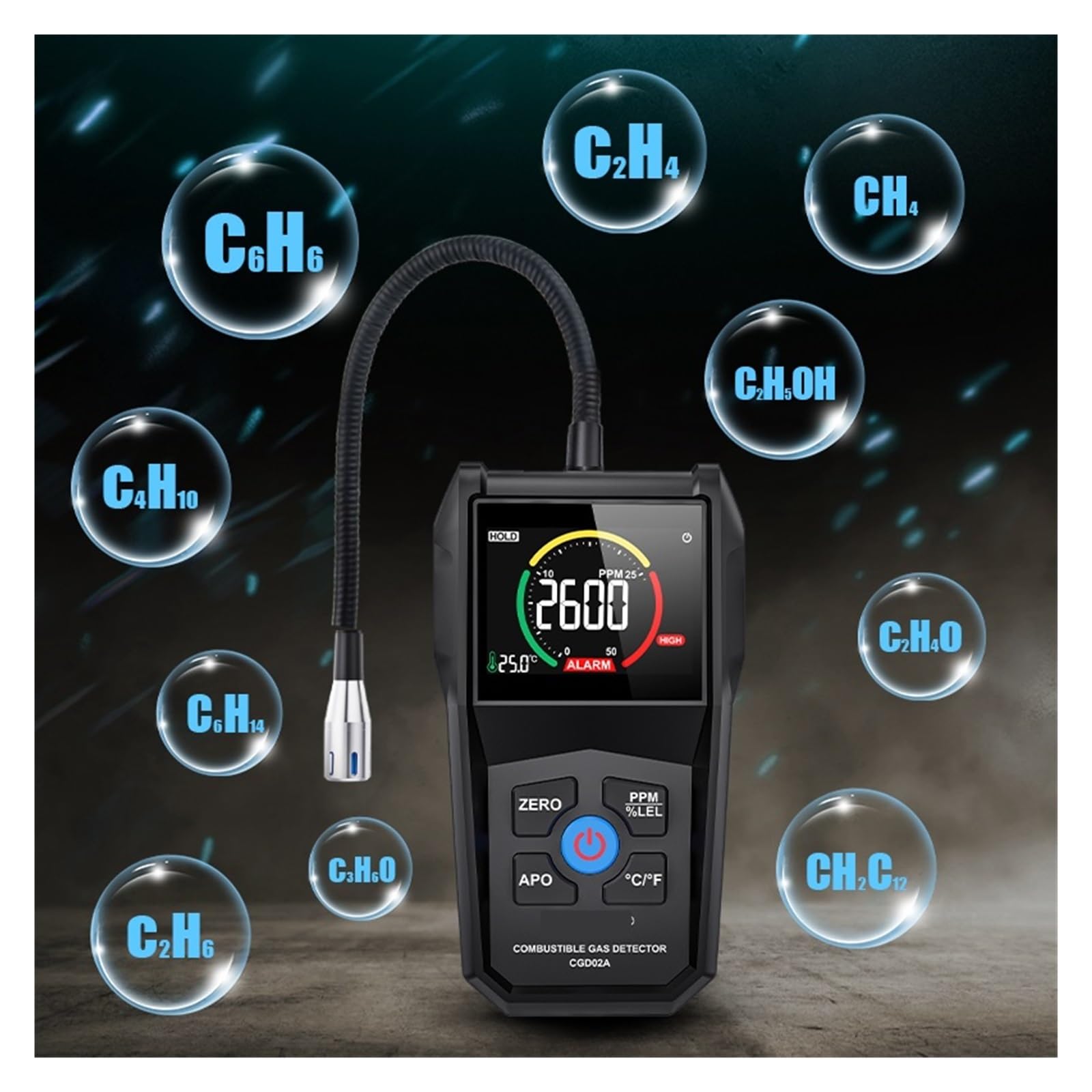 Detector de Gas Natural Combustible Detector de Fugas de Gas inflamable Analizador de CH4, metano, Alcohol y GLP Alarma Sonora PPM con sonda Flexible con Amplio Rango(CGD900)