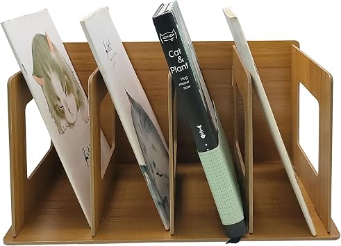 Desktop DIY Storage Bookshelf, Wooden CD Album Record Collection Rack, 4 Compartments Magazine Rack Folder Organizer, Book Shelf for Office Study Home