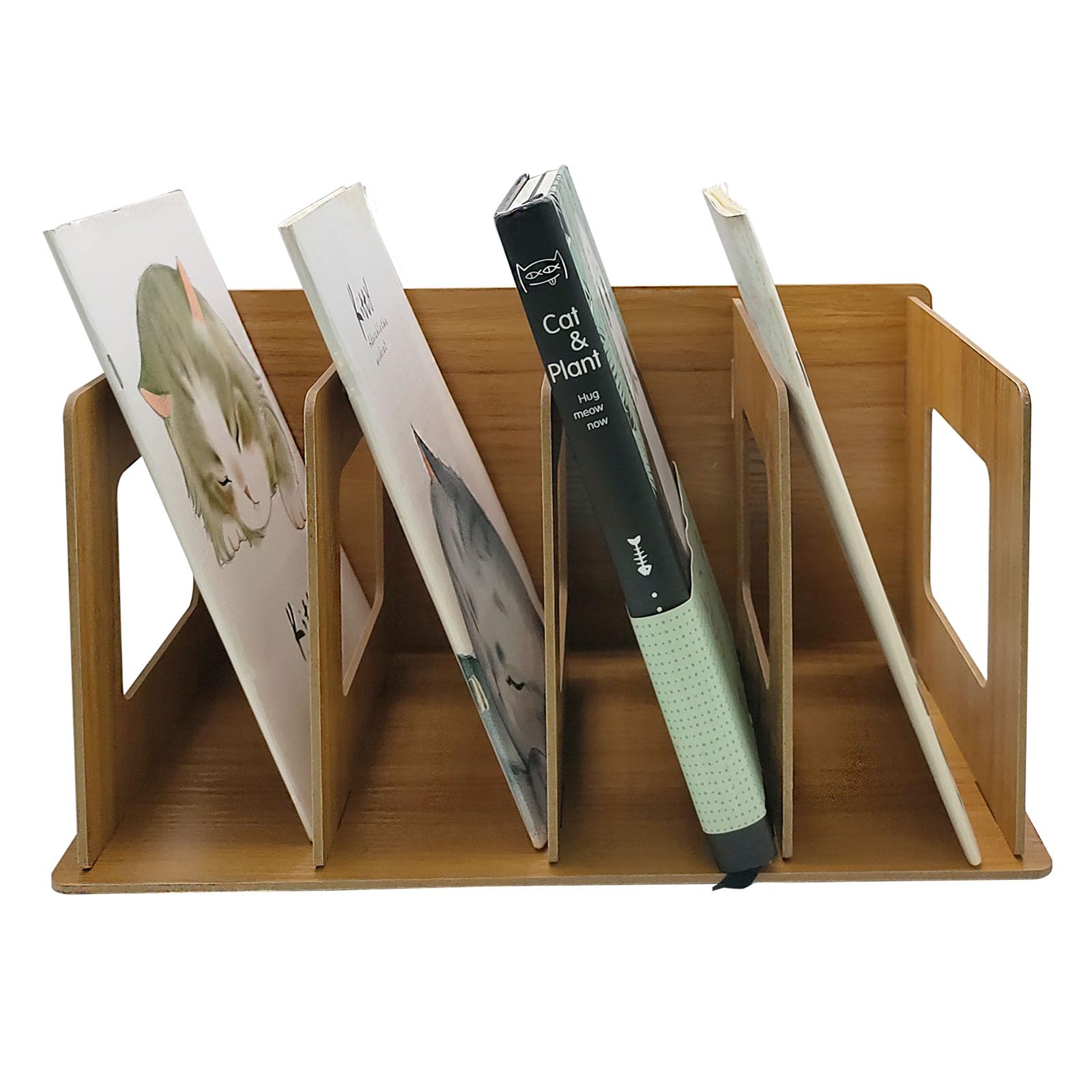 Desktop DIY Storage Bookshelf, Wooden CD Album Record Collection Rack, 4 Compartments Magazine Rack Folder Organizer, Book Shelf for Office Study Home-image-20