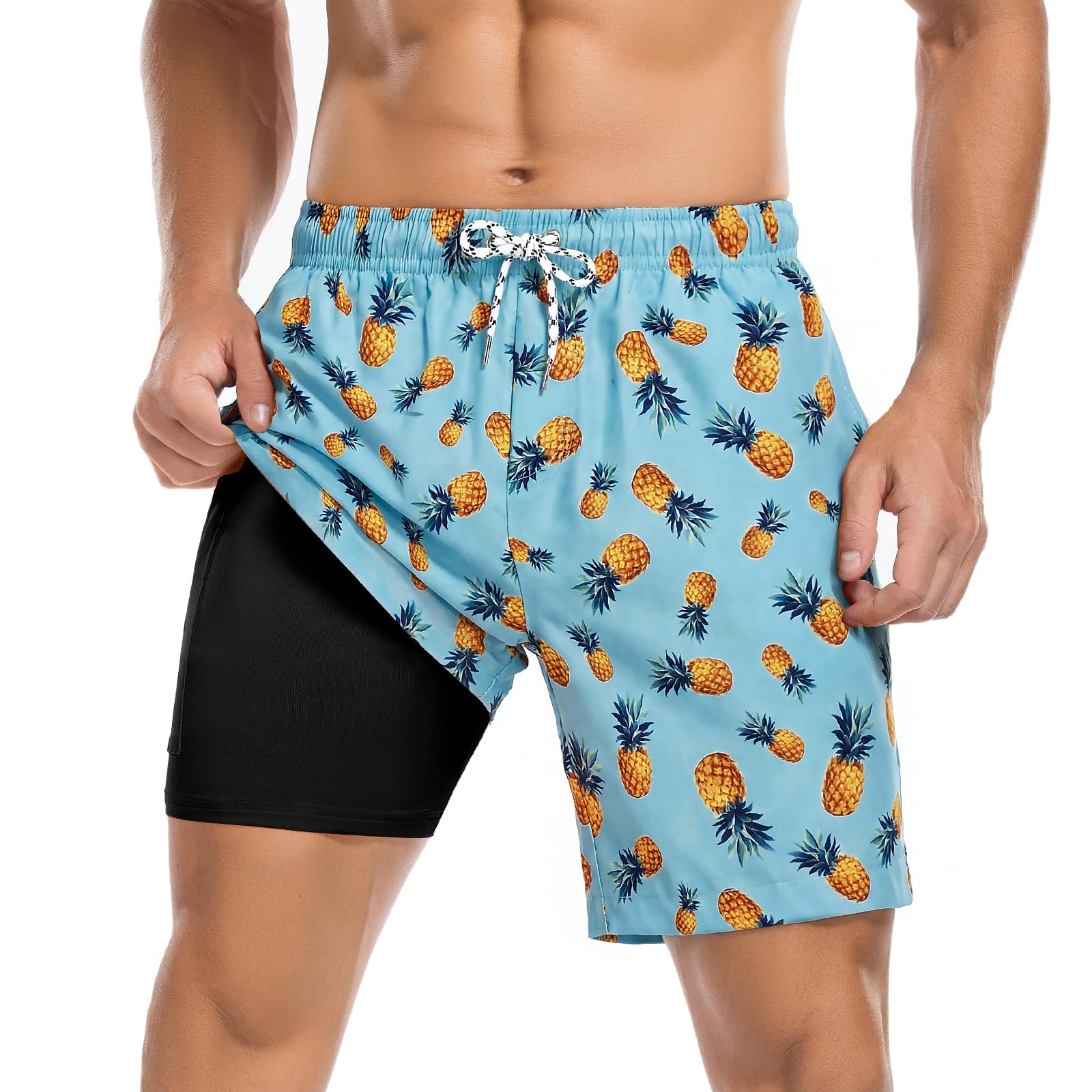American Trends Men's Swim Trunks 7 Inch with Compression Liner - Quick Dry UPF 50+ Beach Bathing Suit for Men